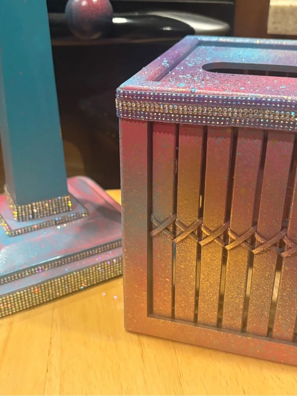 Pastel Ombre Tissue Box Cover-wood-Rhinestone trim accents-FREE GIFT to match!